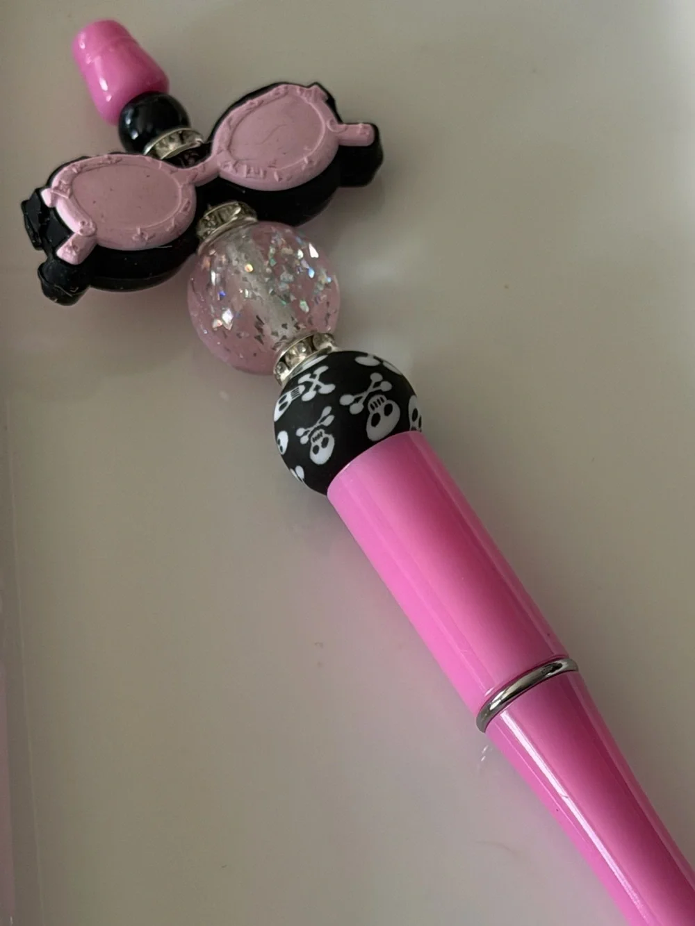 Girls' Pink Novelty Pen with Sunglasses & Skull Bead